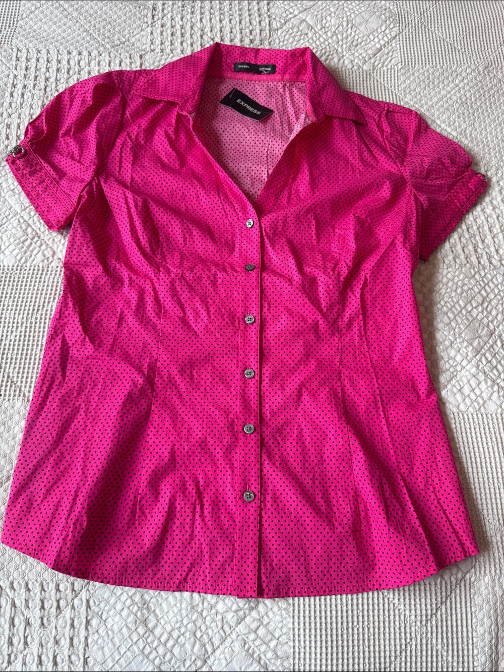 Express Hot Pink Short-Sleeve Button-Down Shirt with Black Dot Print